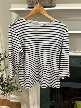 Taylor Brooke made I’m Canada White and Navy Striped Boatneck Long Sleeve Top